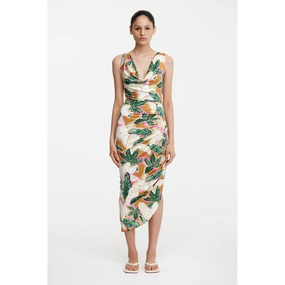 Significant Other Freda Palm Print Midi Dress Cowl Neck Ruched Bodice Sz‎ 10